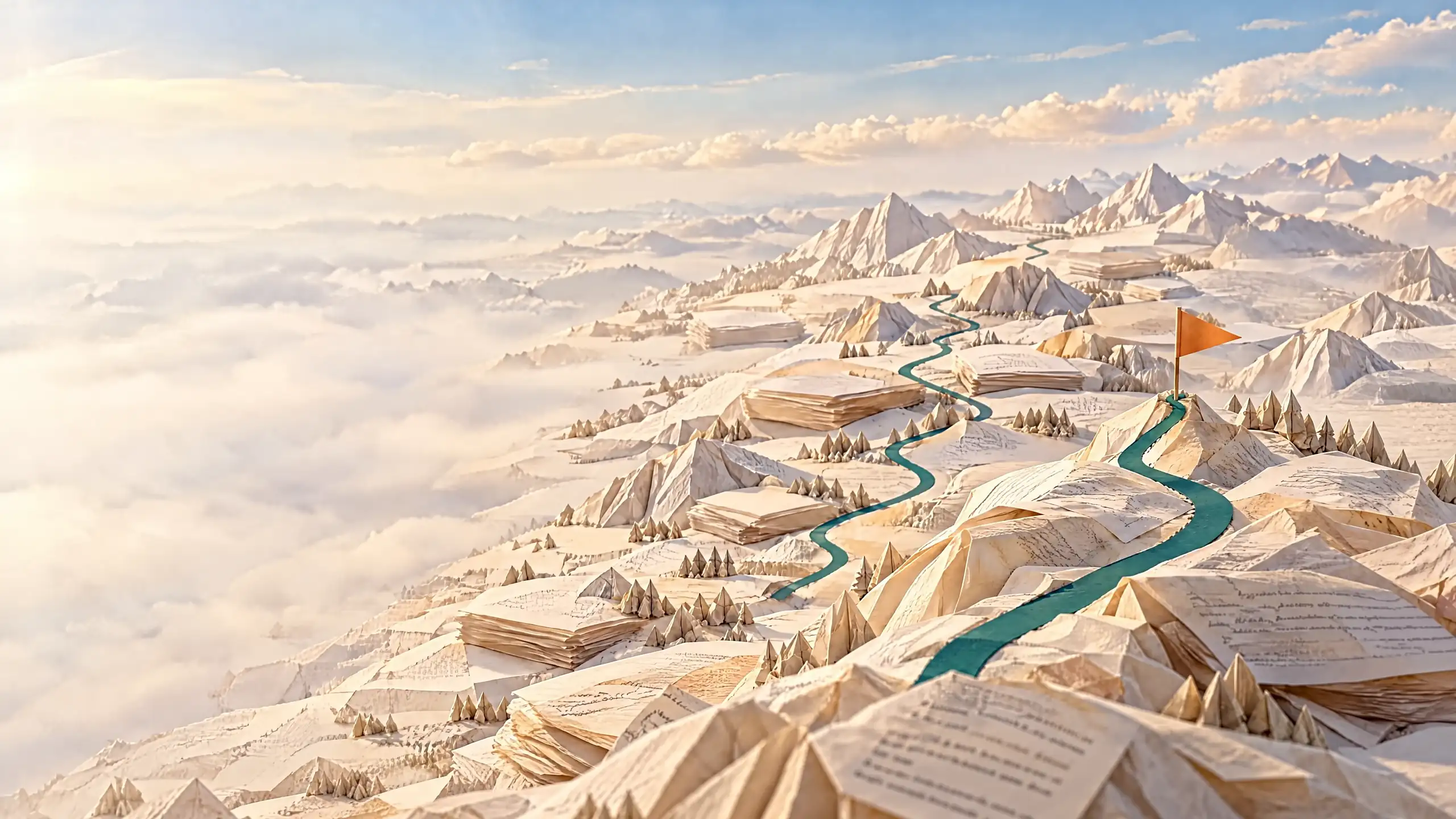 Blick über die ganze Papierlandschaft mit dem grünen Weg