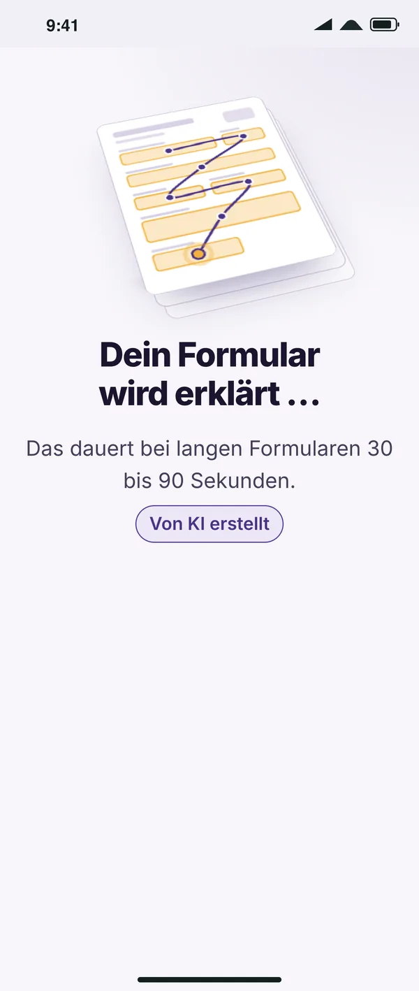 Formular-Scan: ein schräg liegendes Formularblatt mit bernsteinfarben leuchtenden Feldern, verbunden durch eine violette Route mit Leuchtfeuer; darunter „Dein Formular wird erklärt …“.