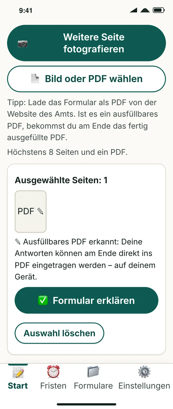Form Helper start screen with one selected fillable PDF and the “Explain form” button.