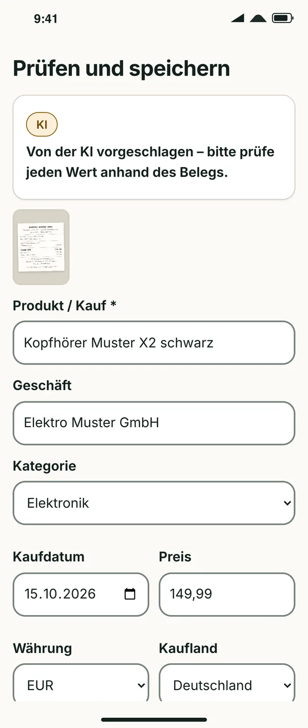 Prüfscreen mit KI-Hinweis: Produkt, Geschäft, Kategorie, Kaufdatum und Preis zum Prüfen