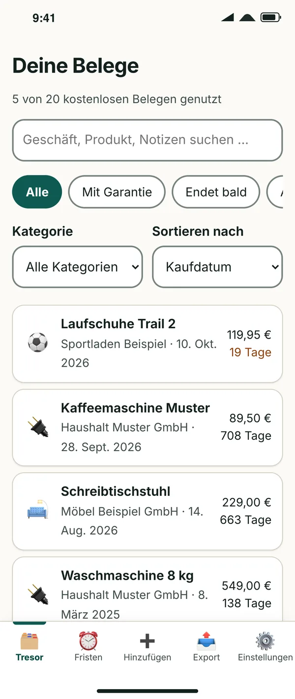 Beleg-Tresor: Liste mit fünf Belegen, Preisen und verbleibenden Tagen bis zur nächsten Frist