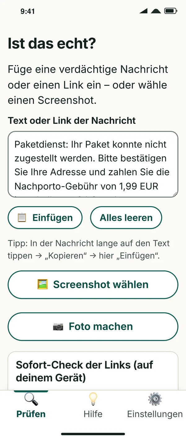 Start screen “Is it real?” with a pasted parcel text message and buttons for paste, screenshot and photo.