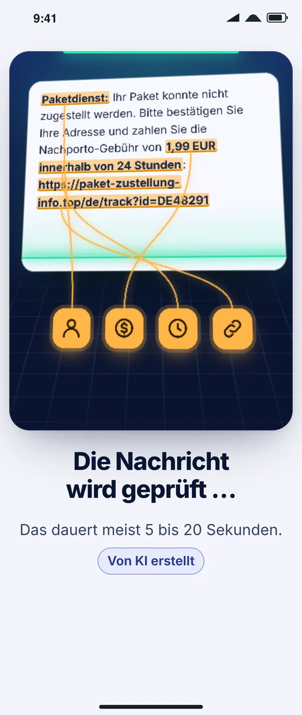 Prüfraum: Die Nachricht schwebt schräg in einem dunkelblauen 3D-Raum, Absender, Betrag, Frist und Link sind bernsteinfarben markiert und mit Linien zu vier Warnsignal-Symbolen verbunden; darunter „Die Nachricht wird geprüft …“.