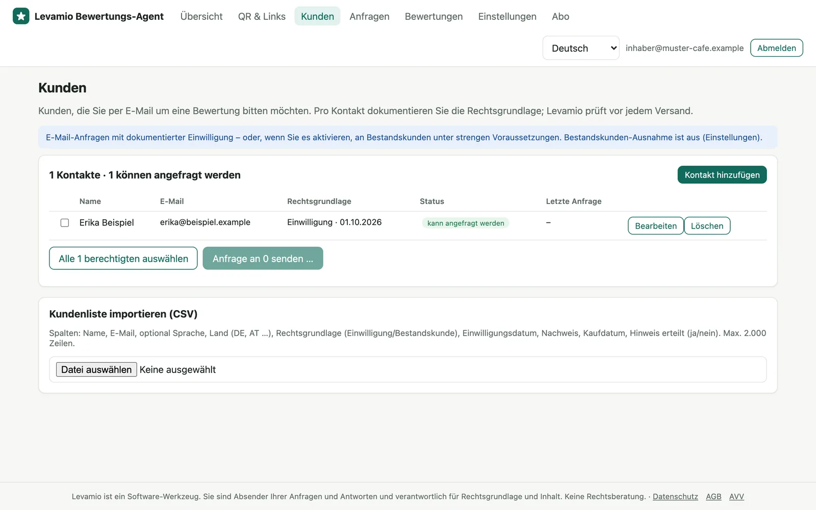 Customer list with Erika Beispiel, legal basis consent dated 1 Oct 2026, status “can be asked”.