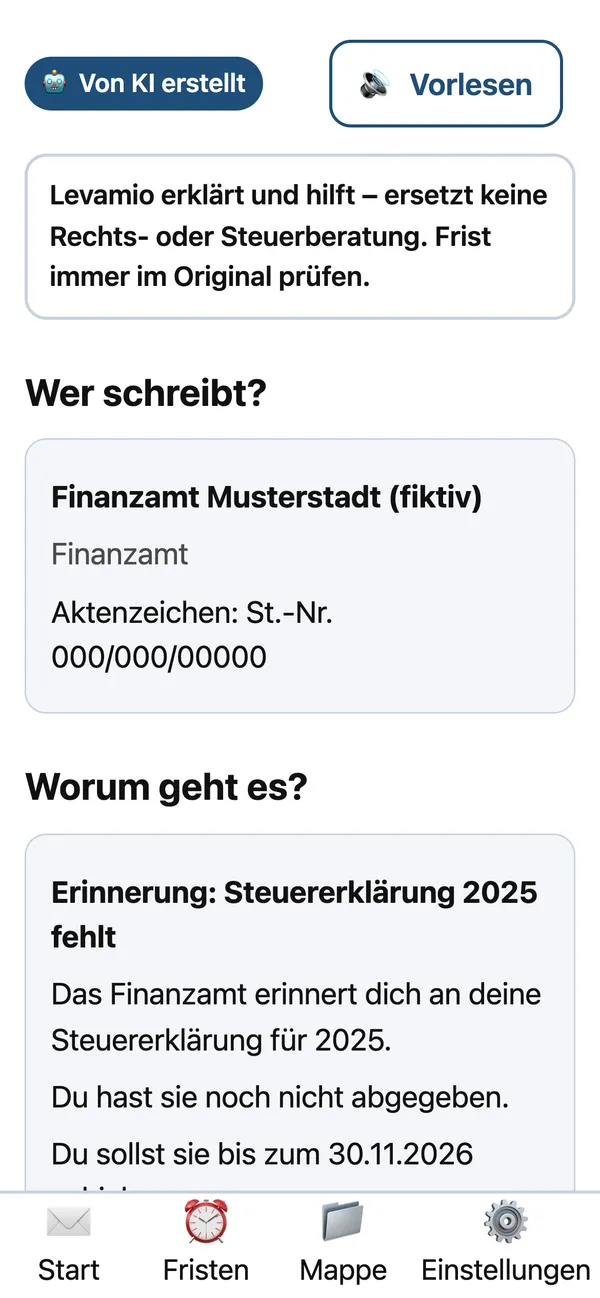Brief-Erklärer: result for a sample tax office letter, labelled “created by AI”, showing the sender and what it is about.