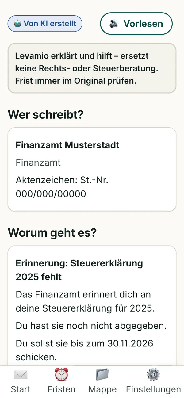 Letter Helper: result for a sample tax office letter, labelled as AI-generated.
