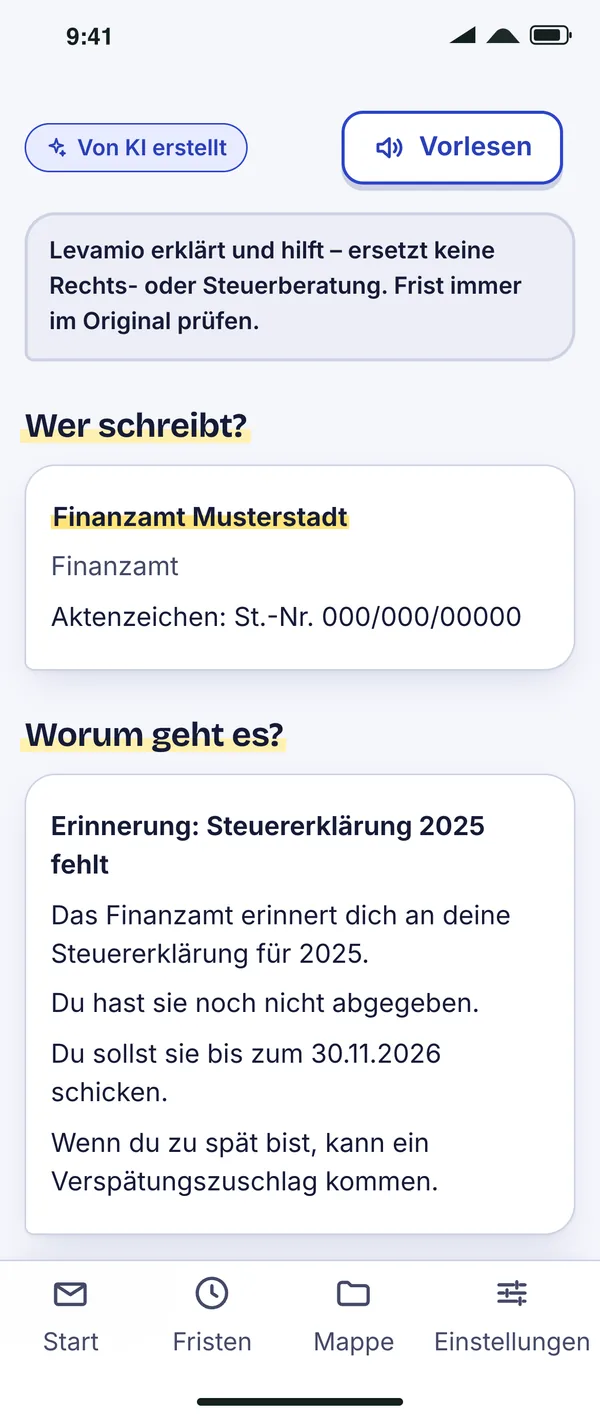 Brief-Erklärer: Ergebnis zu einem Musterbrief vom Finanzamt, gekennzeichnet als „Von KI erstellt“, mit Absender und worum es geht.