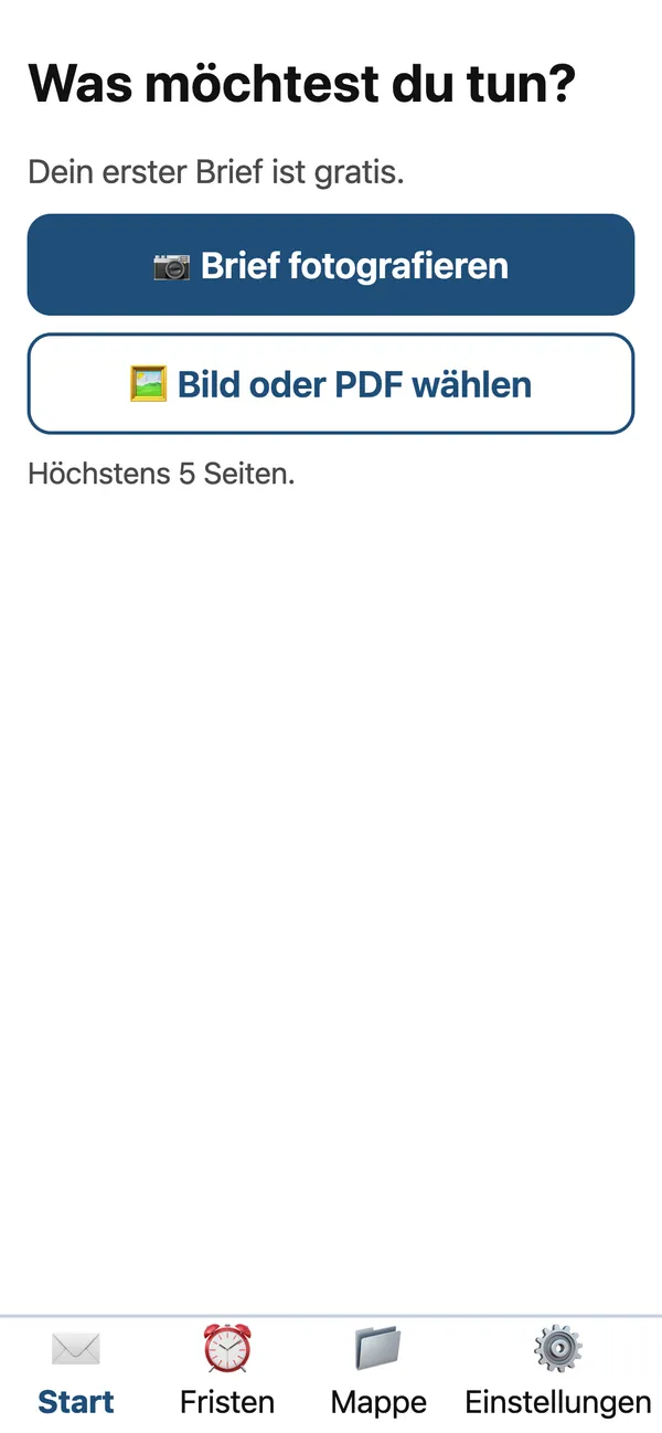 Brief-Erklärer start screen: photograph a letter or choose an image or PDF.
