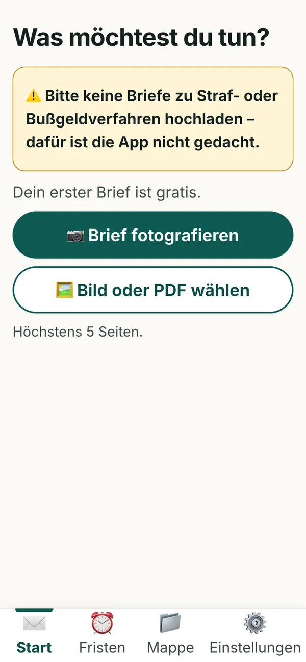 Letter Helper start screen: photograph a letter or choose an image or PDF. The first letter is free.