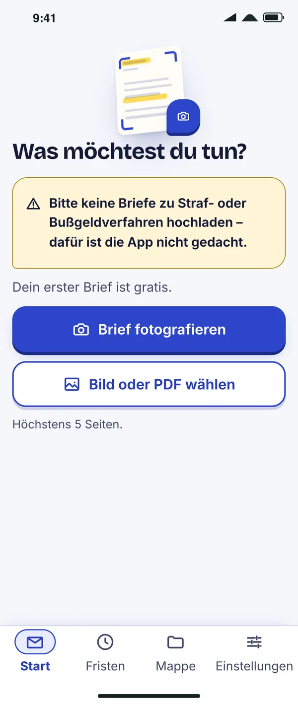 Startbildschirm des Brief-Erklärers: Brief fotografieren oder Bild bzw. PDF wählen.