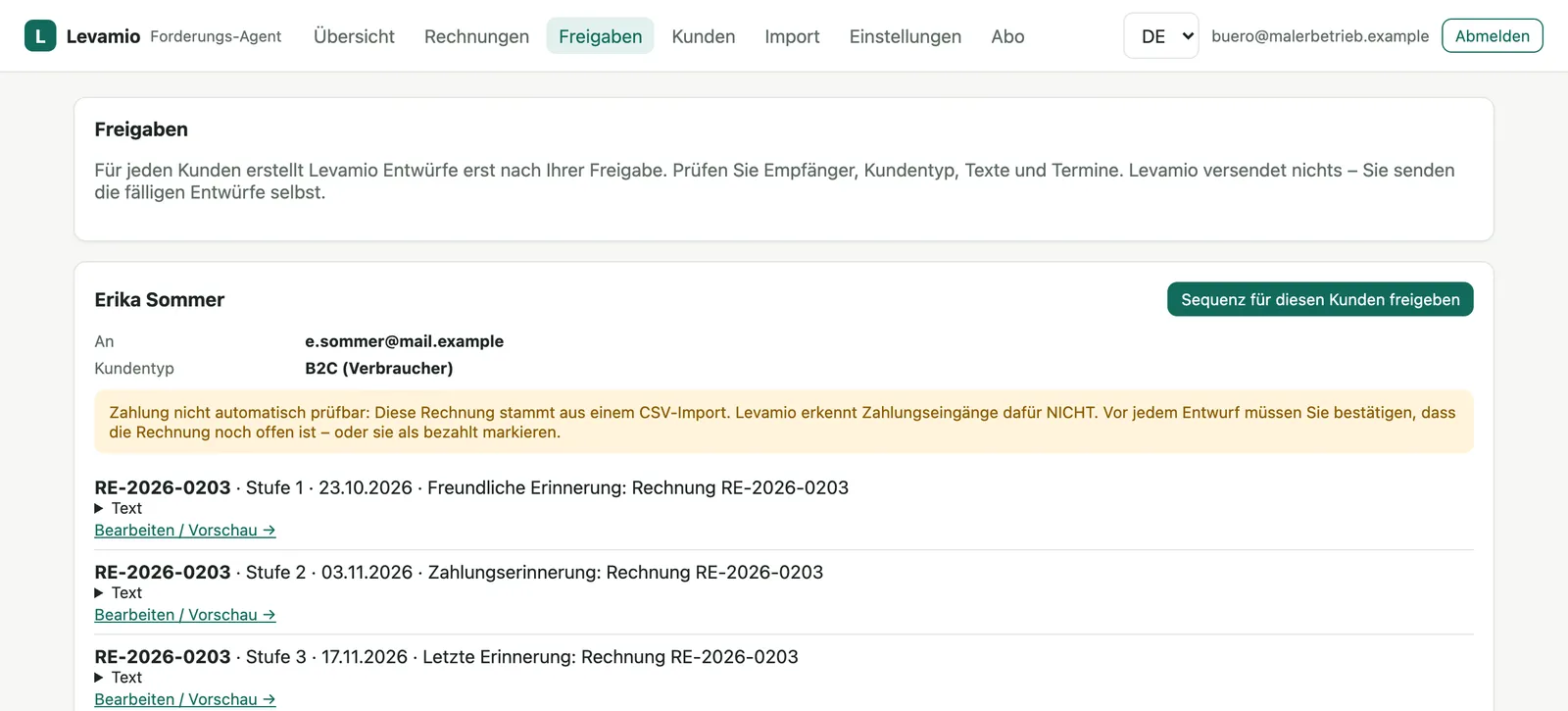 Approvals in Payment Reminder Agent: a three-step reminder sequence for one customer, with recipient, customer type and a note that payments from CSV imports are not checked automatically.