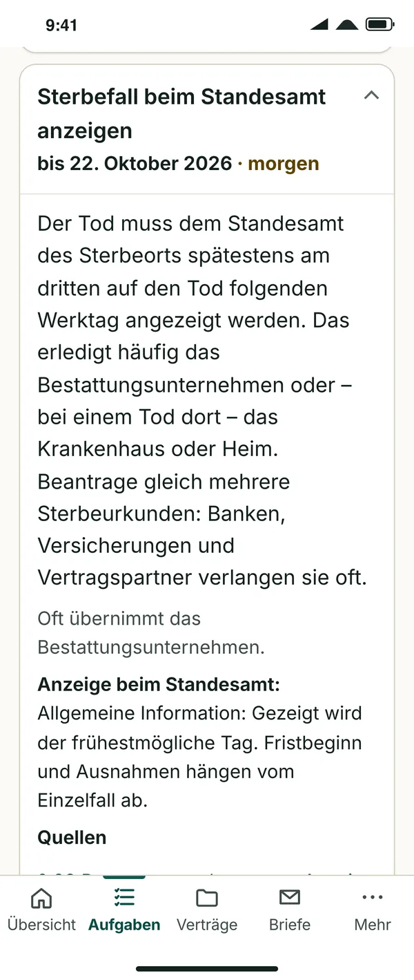 Geöffnete Aufgabe „Sterbefall beim Standesamt anzeigen“ mit Frist, Erklärung und Hinweis zur Anzeige