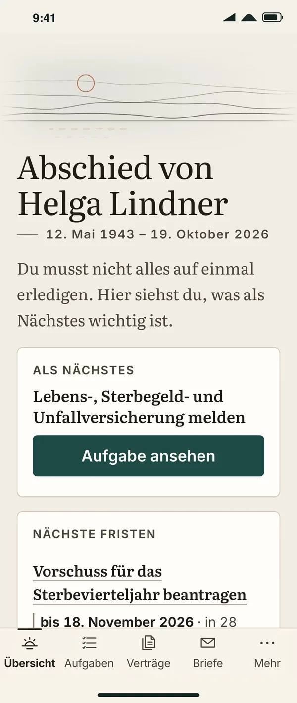 Übersicht „Abschied von Helga Lindner“ mit fein gezeichnetem Horizont und Morgensonne, Lebensdaten, dem nächsten Schritt und den nächsten Fristen