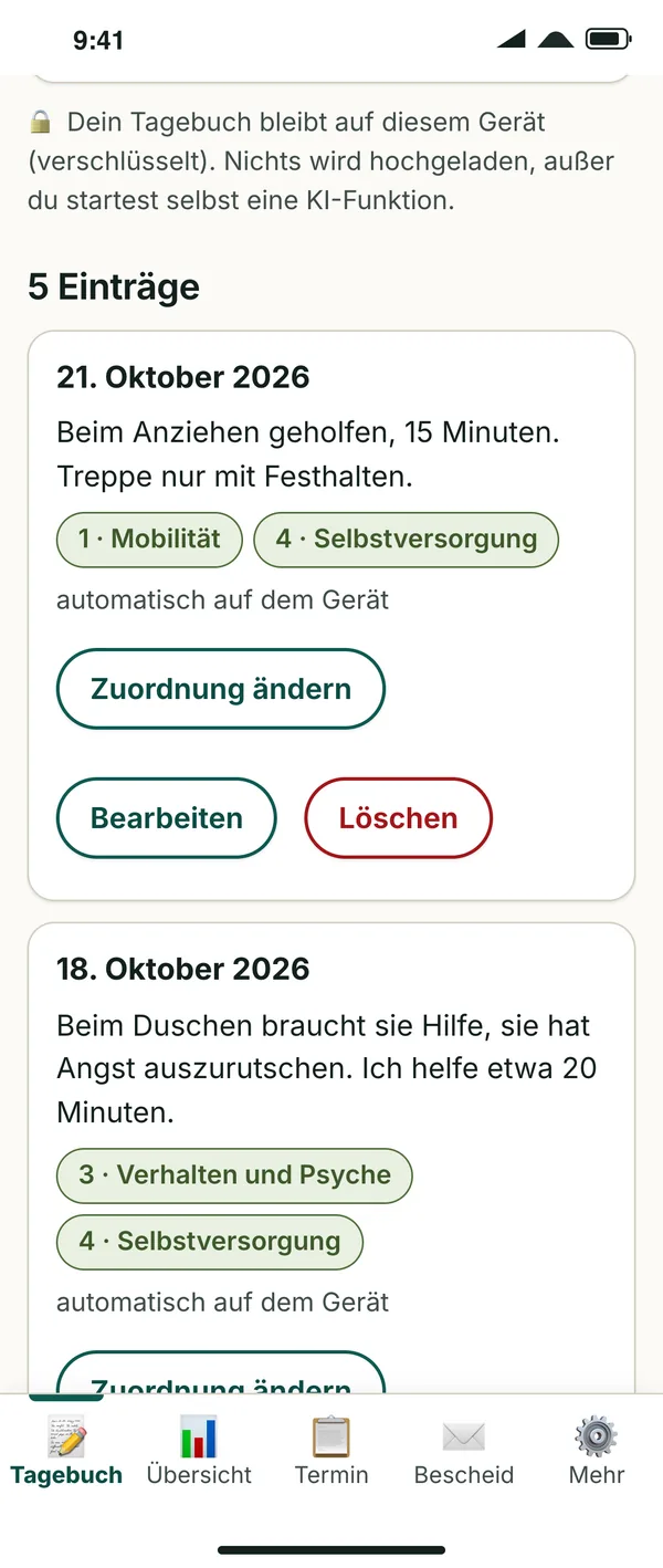 Care diary with a new entry from 21 October, automatically tagged Mobility and Self-care
